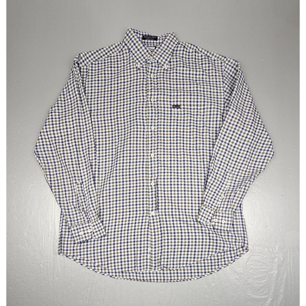 Vintage Faconnable Button Down Shirt Mens Large Blue Green Brown Check L/S